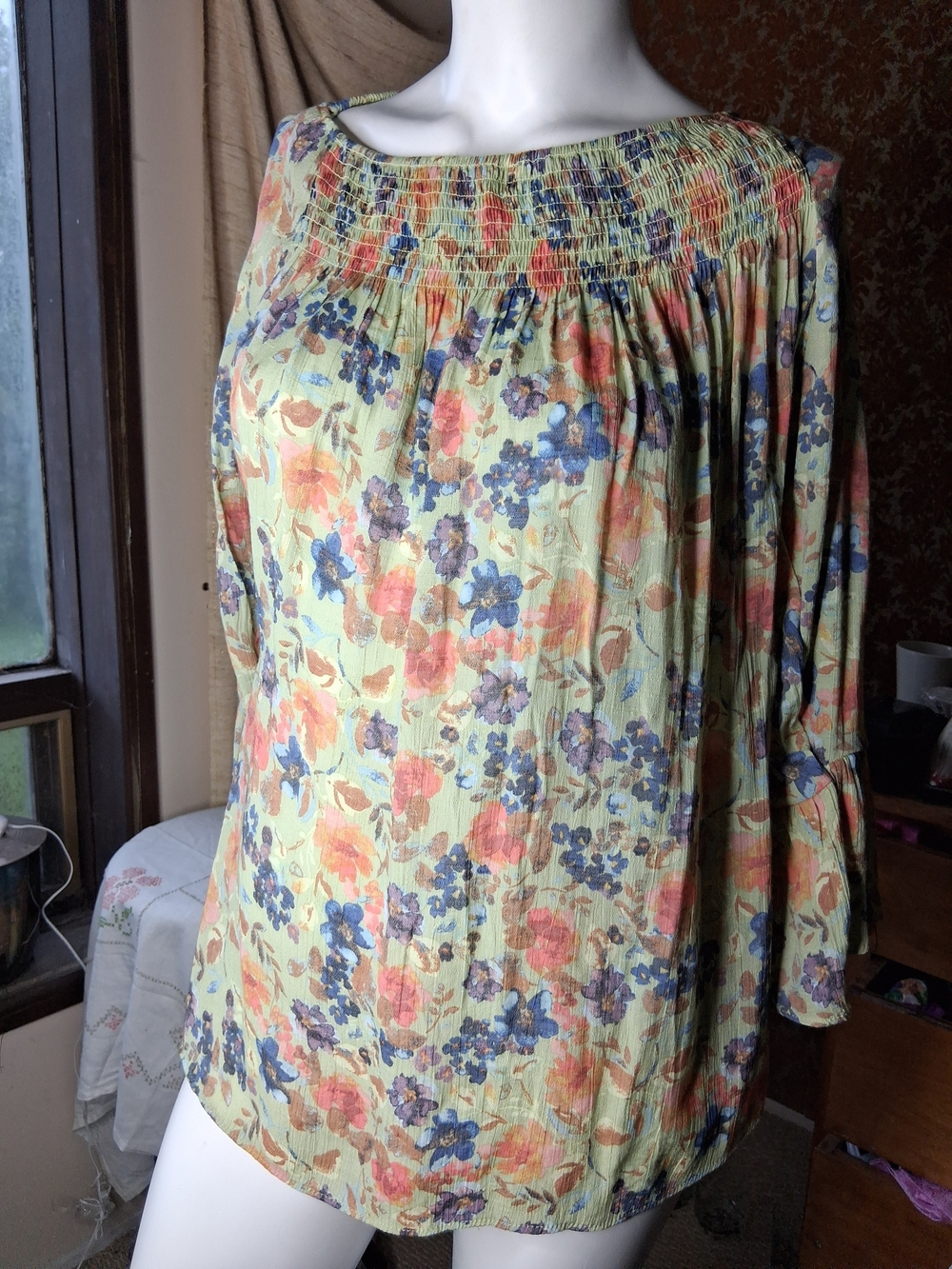 Zac & Rachel Boho Floral Smocked Neck Peasant Blouse — Yellow, Blue & Coral 2x